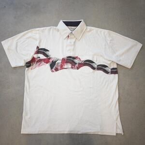 Vintage 90s White Abstract Polo Shirt! White & Red. Wavy. Size Large.